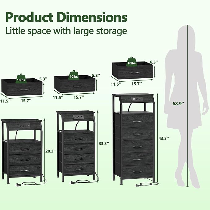 Tall Night Stand with Charging Station, 4 Drawers Bedside Table | Small Black - Image 9
