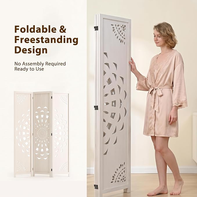 3 Panel Room dividers, 66.9" Boho Double-Sided Carved Screen, Freestanding - Image 3