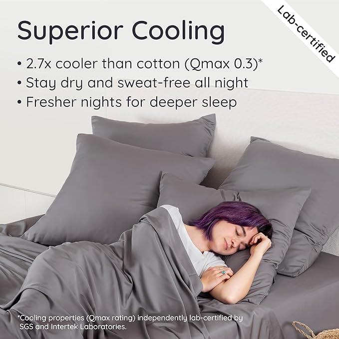 Bambaw 100% Viscose Derived from Bamboo Fitted Sheet Only, Soft Fitted Sheet Queen Size, Cooling Fitted Sheet with Straps, Deep Pocket Bottom Queen Fitted Sheet Only Fits Up to 16’’ (Dark Gray)