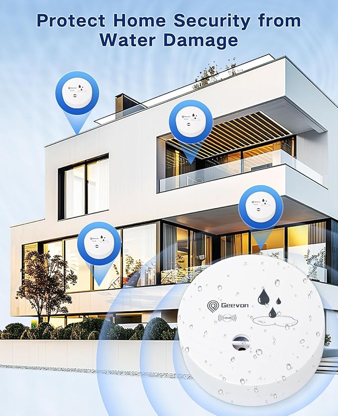 Geevon 10 Pack Water Leak Detectors, 100dB Water Sensor Alarms Flood Detector for Basements, Bathrooms, Laundry Rooms, Kitchens, Garages, and Attics, Water Alarms Battery-Operated (Battery Included)