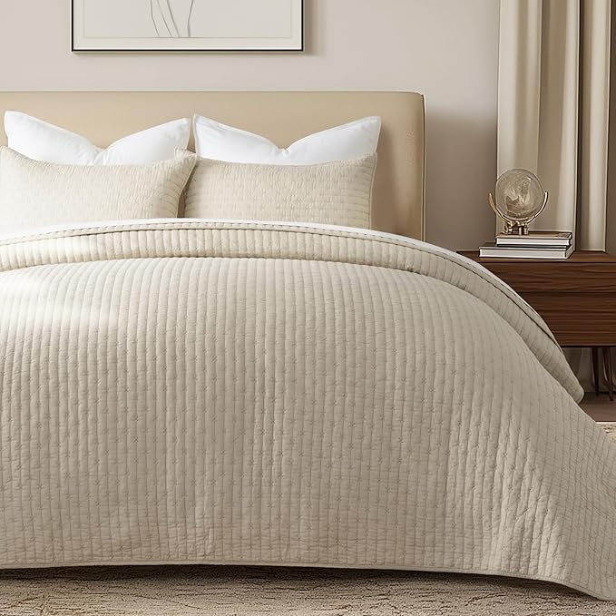 100% Cotton Cross Stitch 3-Piece Quilt Set, Flax Beige | 100% Cotton, Elegant - Image 2