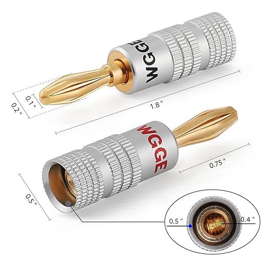 WGGE WG-009 Banana Plugs Audio Jack Connector, 24k Gold Dual Screw Lock Speaker Connector for Speaker Wire, Wall Plate, Home Theater, Audio/Video Receiver and Sound Systems (12 Pairs / 24 pcs)