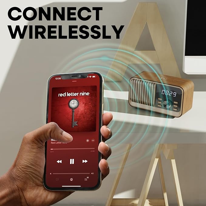 Fuse Hark Bluetooth Radio Speaker | Wireless 10W Charger | FM Radio Speaker with Bluetooth & AUX Input | Alarm Clock | 3 Level Dimmer | Charging Block Included