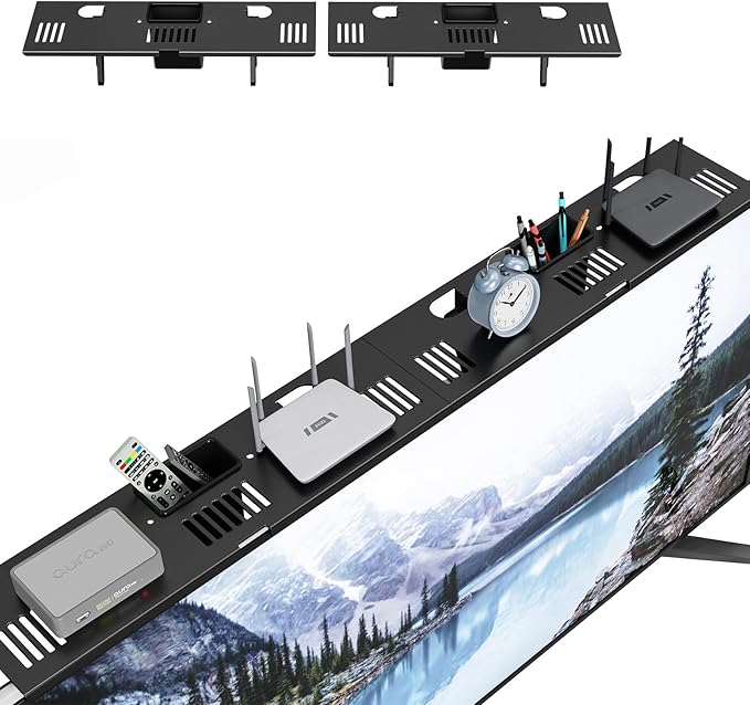 CABTE Adjustable Steel TV Top Shelf, Floating TV Stand, Universal Monitor Shelf for Soundbar, Game Console, Cable Box, Router Shelves (Black,33.86"x4.7" with Boxes)