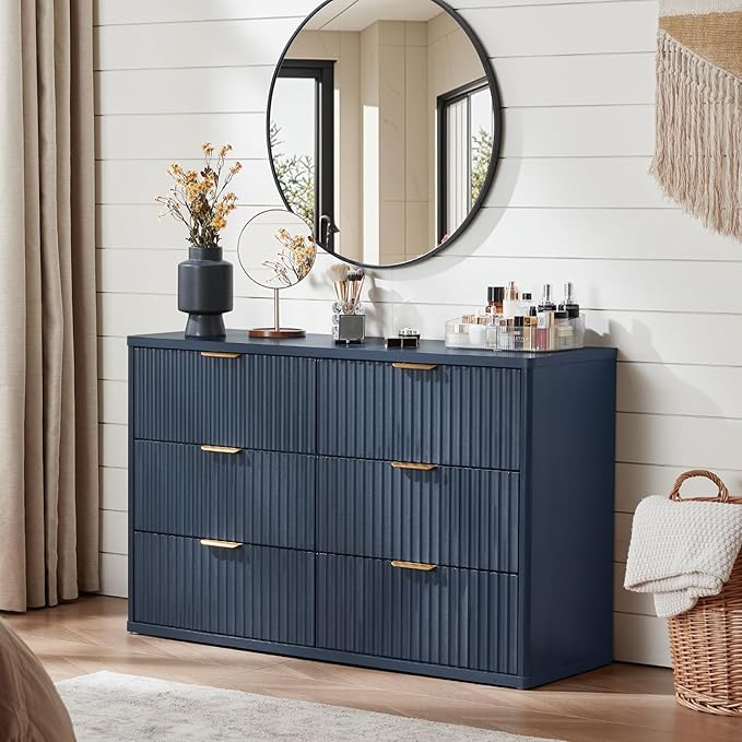 LEYAOYAO Fluted 6 Drawers Dresser for Bedroom, 48" Wide Modern Chest of Drawers with Metal Handle, Navy Blue Curved Profile Farmhouse Closet Organizer Wood Dressers TV Stand for Living Room, Hallway