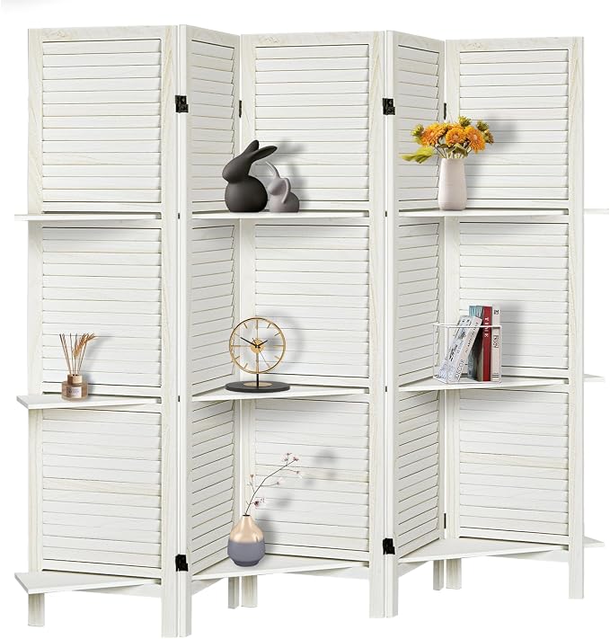 Room Divider with Shelves, 5 Panel White Privacy Screen | Partition Room by AMBITION+LAND