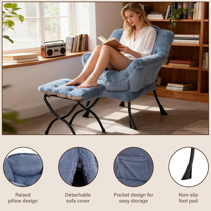 Welnow Lazy Chair with Ottoman, Reading Chair with Footrest, Plush Light Blue | - Image 4