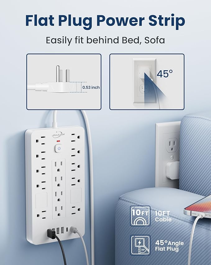 JouleLoom Surge Protector Power Strip-14 Outlets and 6 USB Ports, 10 Feet Flat Plug Extension Cord, 1850 Joules, White, ETL Listed for Home, Office, Dorm Room