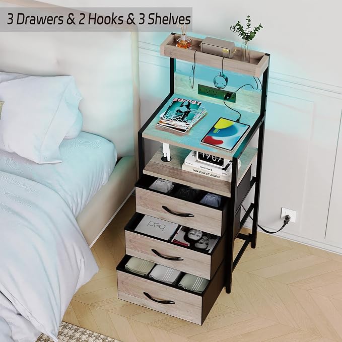 SZLHANJZ LED Night Stand with Charger Station, 3 Fabric Drawers, Greige | - Image 5