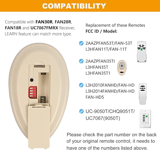 Universal Ceiling Fan Remote Control Kit Replacement for Hunter Allen+Roth Kichler -FAN35T KUJCE9603 L3HFAN35T1 CHQ7202T CHQ7202T1 L3HFAN35T2 FAN53T Kit