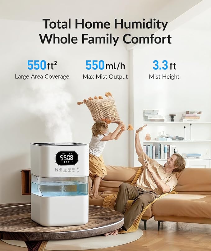 AreShark Humidifier Large Room, 2.2 Gal/8.5L Cool Warm Mist Air Humidifiers for Bedroom, 65H Runtime, Humidity Setting, Easy to Clean, Top Fill, 30dB Quiet, 550ft² Coverage, for Plants, Adults, Kids