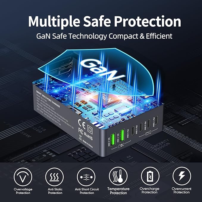 220W USB C Charger Block, 6-Port GaN USB C Charging Station PD 100W PC Laptop Fast Charger Adapter Compatible with iPhone 17, Galaxy 25, MacBook,ipad and More Devices(Black)
