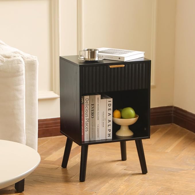 Fultyle Black Fluted Nightstand, Modern Bedside Table - Image 2