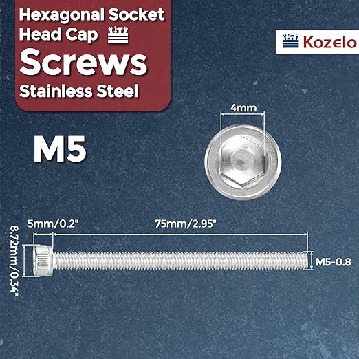 Kozelo 6pcs Socket Head Cap Screws - [M5-0.8 x 75mm] 304 Stainless Steel Allen Socket Drive for Electrical Motor 3D Printing Fan Engine Replacement Use, Silver