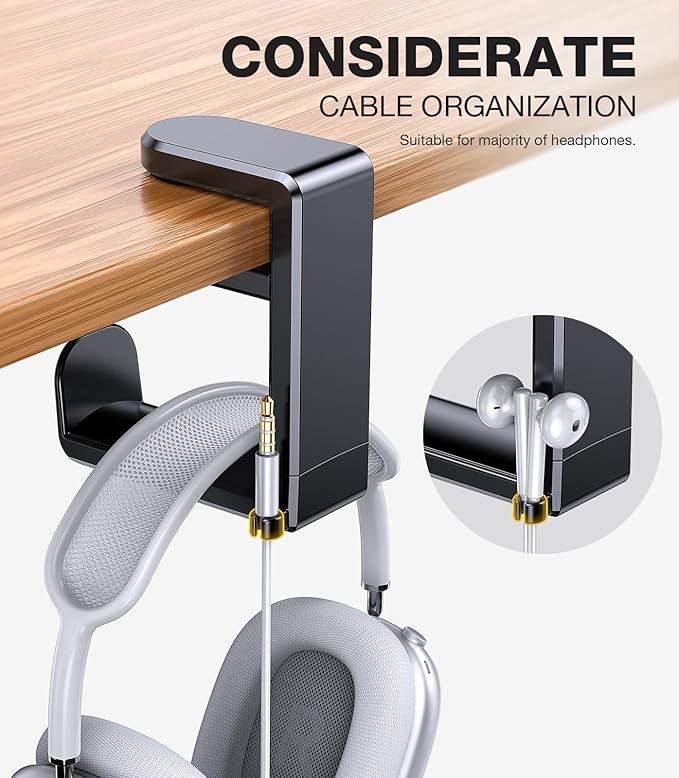 Coolpow Gaming Headphone Stand for Desk【360°Rotating】PC Headset Holder for Desk Hook Mount, Headset Stand Holder Clip Under Desk Headphone Hanger for Airpods Max, HyperX, Sennheiser All Headphone Size