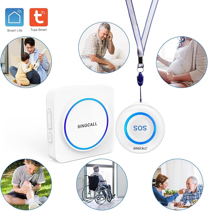 SINGCALL Tuya WiFi SOS Wireless Calling Caregiver Pager System Calling Alert System for Patients Seniors Elderly Disabled 1 Plugin Receiver 1 Smart Emergency Call Button (only Supports 2.4GHz Wi-Fi)