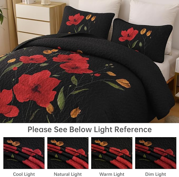 Mybedsoul Floral Quilt Set King Size, 3 Pieces Black Bedspread Coverlet Set - Image 7