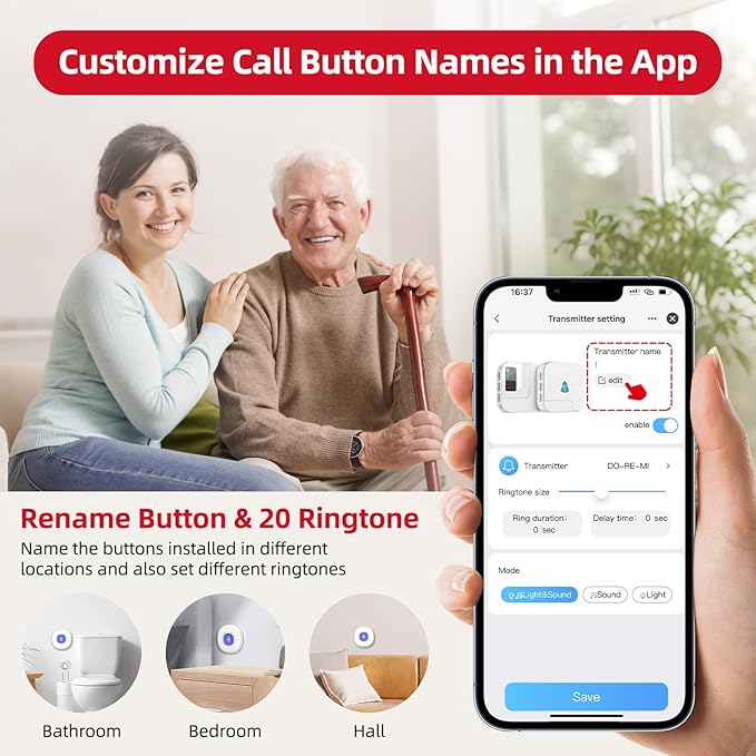 CallToU Wi-Fi Wireless Caregiver Pager Call Button for Elderly at Home , APP Emergency Alert for Seniors, Patients, and The Disabled (TY01WH-US 2-1)