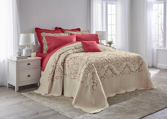 BrylaneHome Bedding Lightweight All Season Modern Amelia Quilted Damask Oversized Ultra Soft Bedspread - Full, Ivory Berry