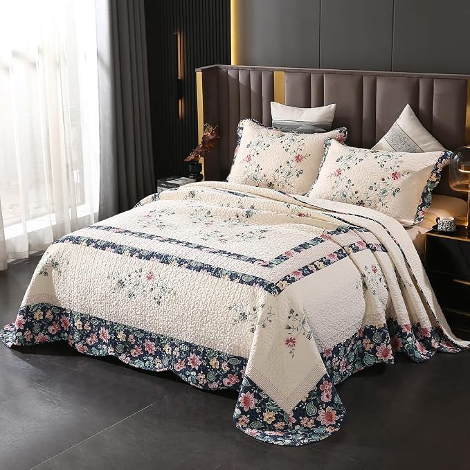 ROOMLIFE Quilt Set King Floral Leaves 3D Embroidery Pattern 3-Piece Cotton | - Image 2