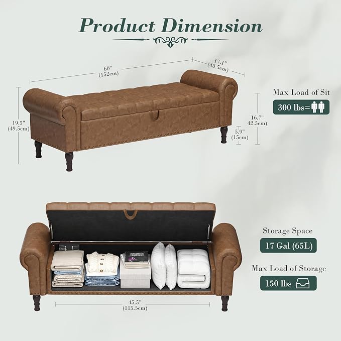 Apicizon 60” Bench with Storage, Upholstered Tufted Button Bedroom Bench with - Image 2