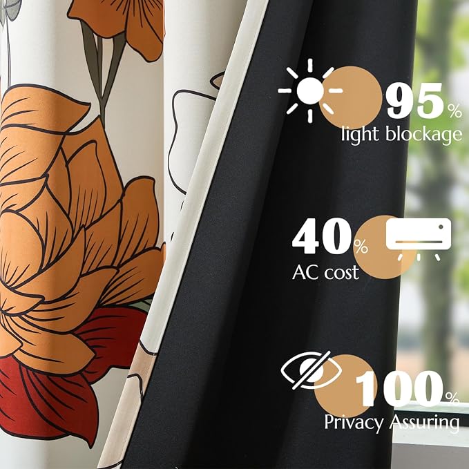 jinchan Beige Boho Floral Blackout Curtains 102 Inch Grommet 2 Panels | Room - Image 3