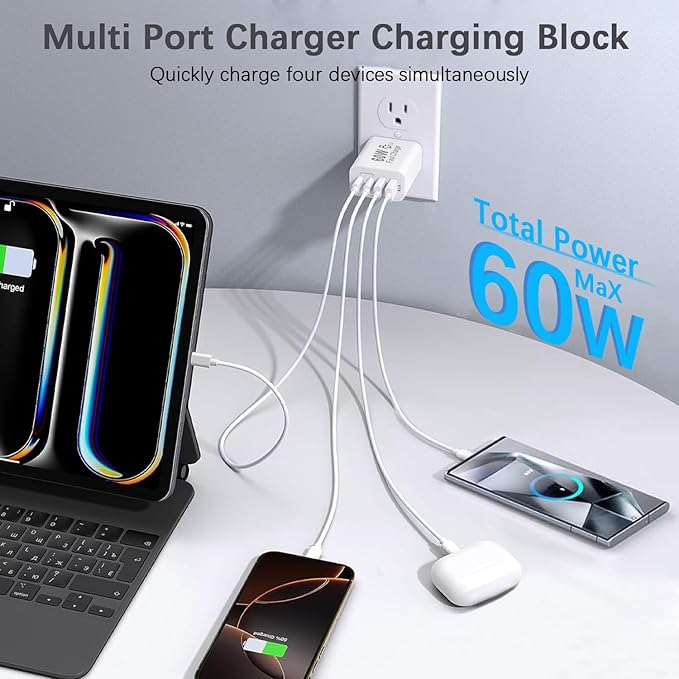 60W USB C Charger Block,2Pack 4-Port GaN USB C Charger Fast Charging Wall Plug Dual Type C+Dual USB-A Port Multiport Power Adapter Cube for iPhone 17 Pro Max/16e/15/14/13/12/11,iPad Pro/Air/Mini