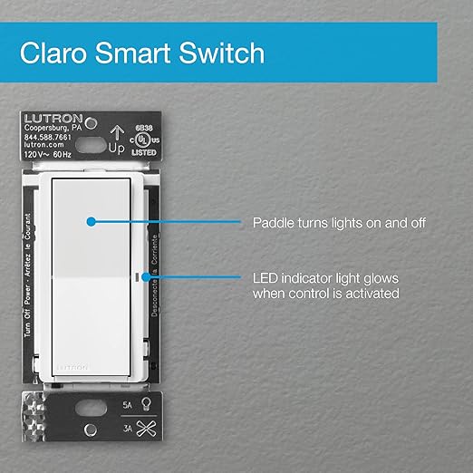 Lutron Claro Smart Light Switch for Caseta Lighting, for LED Lights, Fans, 5 Amp, Single-Pole/3-Way, Neutral Required, DVRF-5NS-GR, Gray
