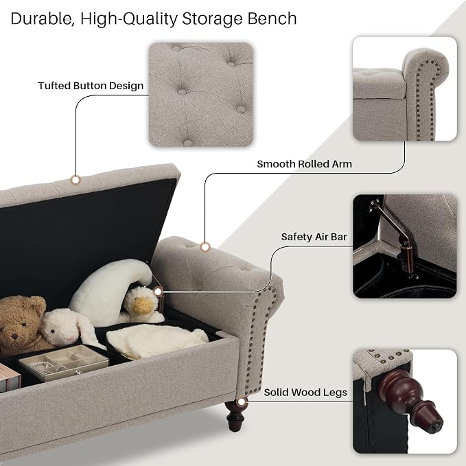 SOFTHION 67" Storage Bench for Bedroom, Linen Upholstered, Light Brown | King - Image 4