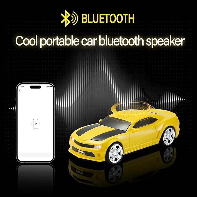 WSTER Sports Car Model Bluetooth Speaker with Stereo Sound, TWS Pairing, LED Party Lights, USB/TF Playback, Movable Wheels, Unique Retro Car Gifts (Yellow)