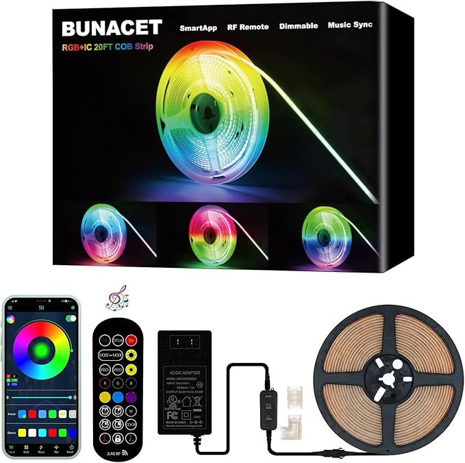 BUNACET 20FT LED Strip Lights COB Smart IC, 24V RGB LED Lights for Bedroom with RF Remote Smart App Button Controller Music Sync Color Changing Strip Lights for Game Room Kitchen Cabinet Lighting