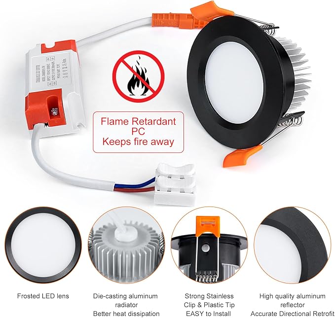 inShareplus 2 Inch LED Recessed Lighting, Black Downlight Dimmable 3W (35W Equivalent), 3000K Warm White, CRI80, Recessed Light Fixtures with LED Driver (6 Pack)