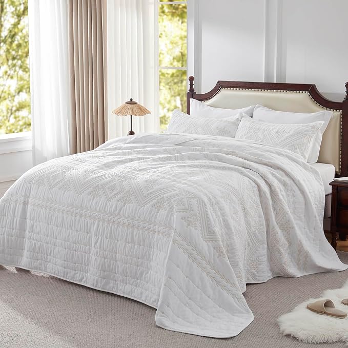 100% Cotton 3-Piece Quilt Set White Full Queen Size Lightweight Bedspread by LEAONME