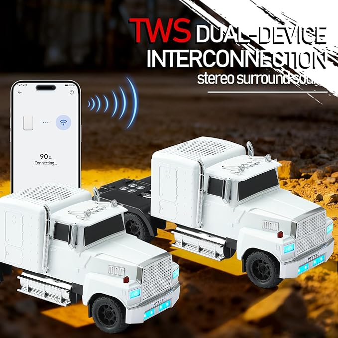 WSTER American Truck Bluetooth Speaker with HD Sound, TWS Pairing, LED Party Light, Operation Panel, Built-in Mic, Portable Car Model Speaker for Parties, Beach, Outdoor Activities (White)