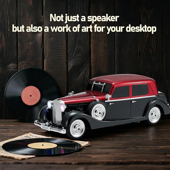 WSTER WS-1934 Retro Classic Car Bluetooth Replica Speaker – Wireless HD Sound with FM Radio,TWS Stereo,LED Party Lights,Built-in Microphone Hands-Free Call, Surprise Portable Gift for Party Use(Red)