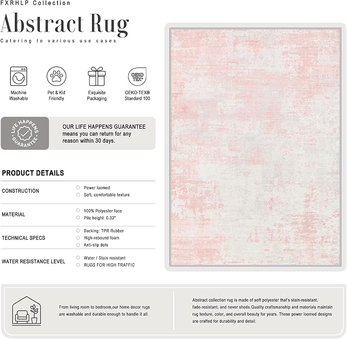 2x6 Washable Runner Rug：Modern Abstract Soft Carpet Pink White | - Image 3