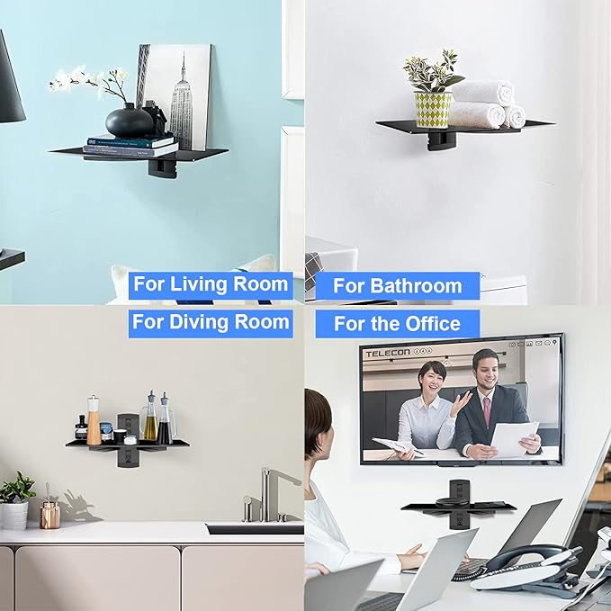 suptek Single Floating Shelf Wall Bracket with Strengthened Tempered Glass for DVD Players/Cable Boxes/Games Consoles/TV Accessories 1 Shelf, Black, CS201