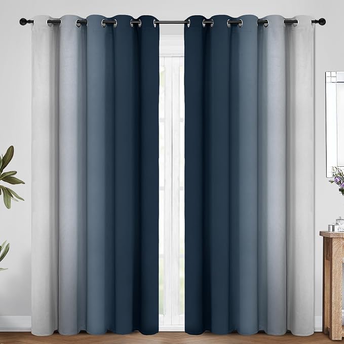 COSVIYA Grommet Room Darkening Ombre Navy Blue Curtains W70xL84 inch | Navy and - Image 2