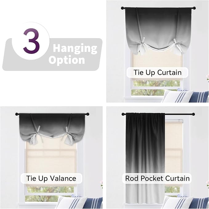 COSVIYA 100% Blackout Ombre Black Adjustable Tie Up Curtains - Image 4