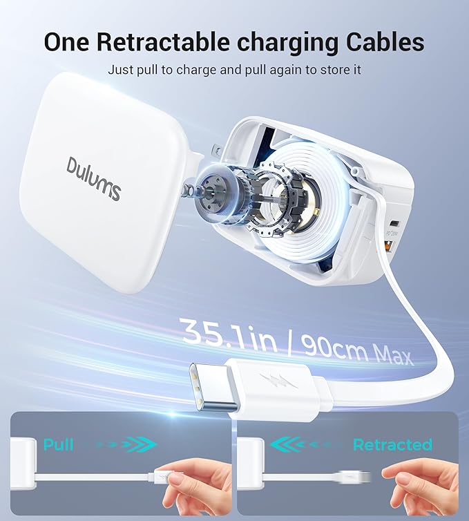 Retractable Wall Charger,40W Dual Port QC3.0+PD Fast USB C Charging Block,Type C Power Adapter Brick Cube for iPhone 17/16/15/14/13/12 Pro Max Plus,Samseng Galxy S24/S23(with 2.6FT USB C Cable)