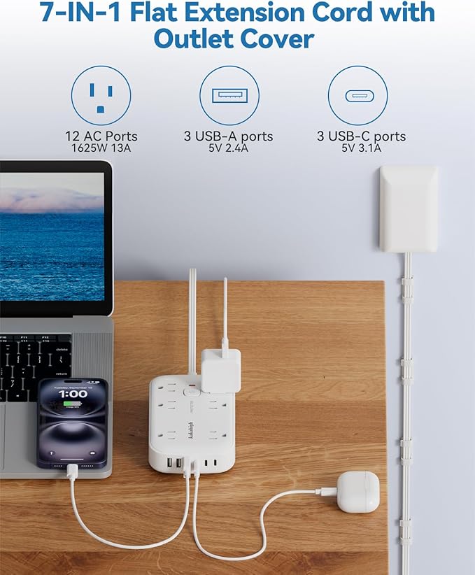 25FT Extension Cord with Outlet Cover & Multi USB, Ultra Thin Outlet Concealer with Cord & 12AC Outlet 6 USB (24W/4.8A), Charging Station for Multiple Devices, for Behind Wall Furniture Couch TV