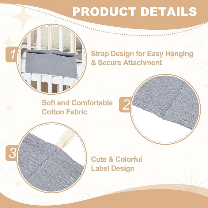 uxcell Bedside Caddy, 2 Pocket Cotton Bedside Hanging Storage Bag, Soft Cotton - Image 3