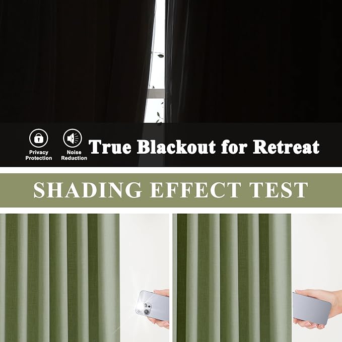 Vision Home Dark Green Pinch Pleated Full Blackout Curtains Linen Blended Room - Image 4