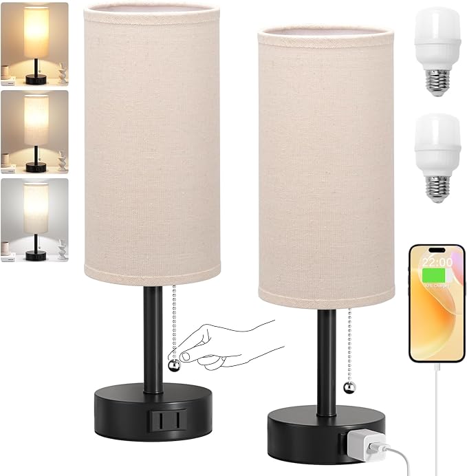 Beige Bedside Table Lamps Set of 2 - Image 8