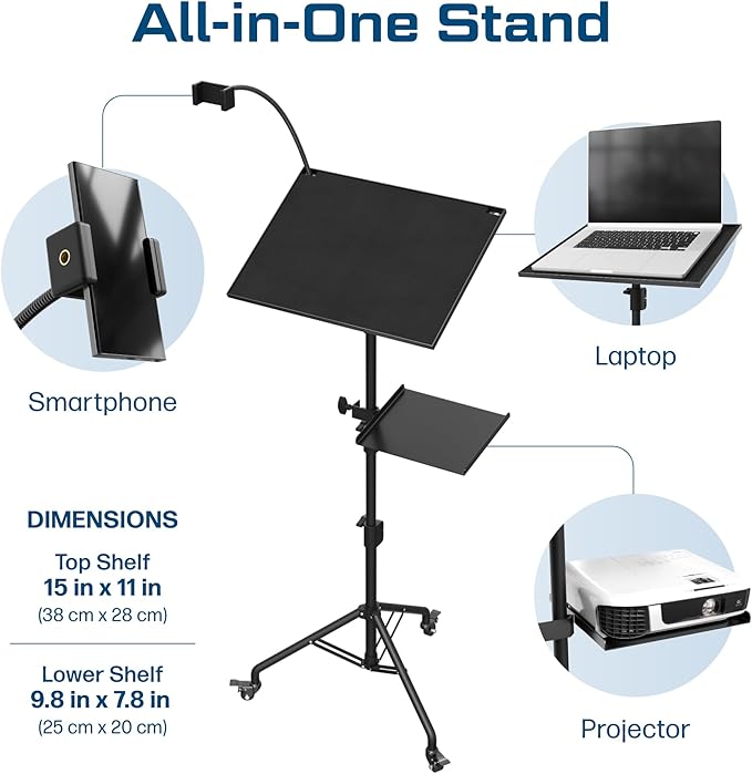 DYNAMO TECH Projector Stand Tripod Laptop Tripod with Wheels & Adjustable Height Portable Podium Stand with Phone Holder Projector Holder for Home, Office, School & DJ Matte Black