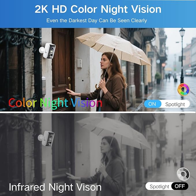 Solar Security Cameras Wireless Outdoor, 2K Outside Security Wireless WiFi Cameras, Battery Powered Outdoor Cameras with Solar Panel, Color Night Vision, 2.4G/5.8G WiFi, 2-Way Audio, PIR Motion Sensor