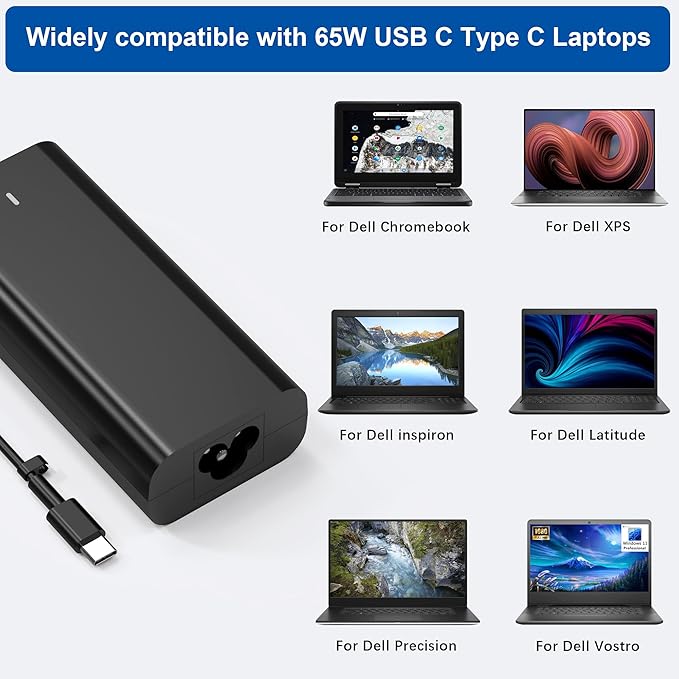 QIOUZW 2025 New Slim 65W 60W USB C Laptop Charger Compatible with Dell Latitude 5420 5440 5520 7420 7370 7275 XPS 13 9360 9365 9370 9380 Chromebook 3100 3400 Type C AC Adapter Power Supply Cord