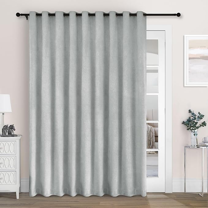 Macochico 120" Wx84 L 100% Blackout Chenille Curtains for Sliding Door Living Room Bedroom, Luxury Drapery for Hotel Home Theater, Medium Gray Thermal Window Treatments with Tieback, Grommet, 1 Panel