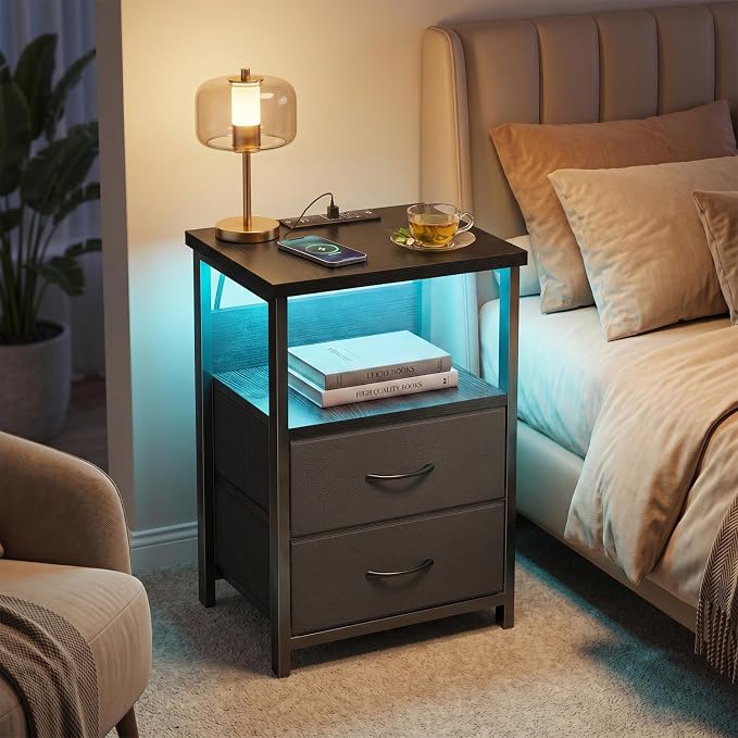 Fixwal Black Nightstands Set of 2, Led Night Stand - Image 2