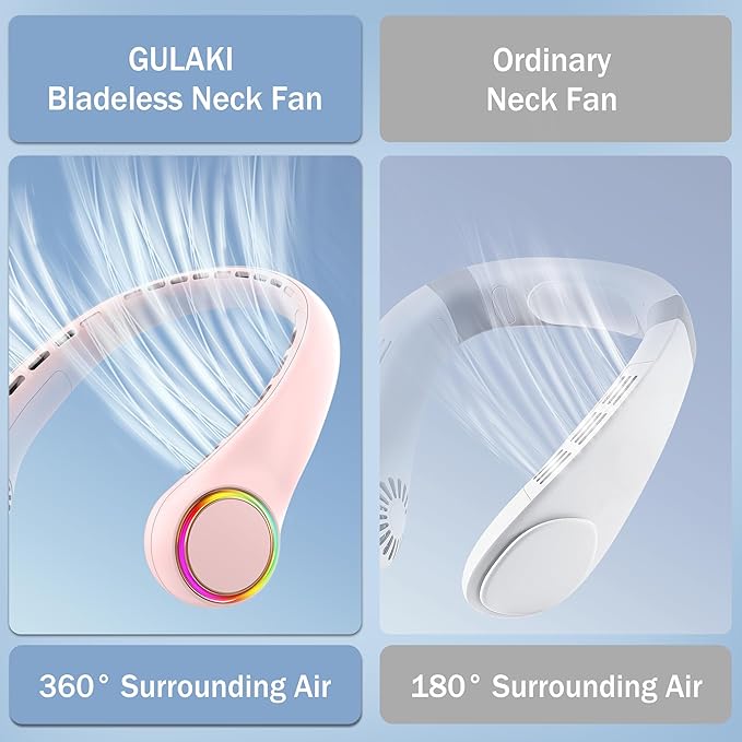 GULAKI Portable Neck Fan, Personal Fan with 4000mAh Battery, Rechargeable Neck Fan with 3 Speeds and 64 Cool Lights, Birthday Gifts for Men Women Mom Dad, Hands Free Cooling fan for Summer(Pink)